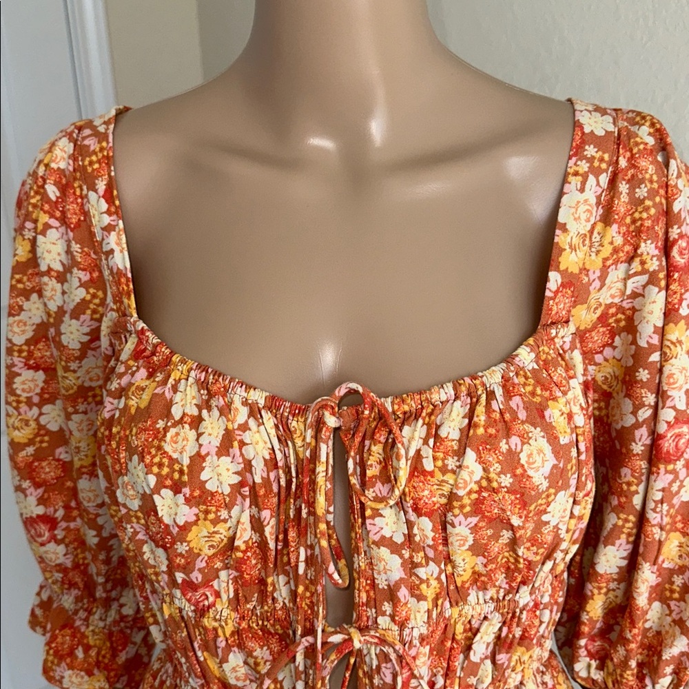 Free People Orange & Cream Smocked Romper Size Medium - Picture 5 of 16